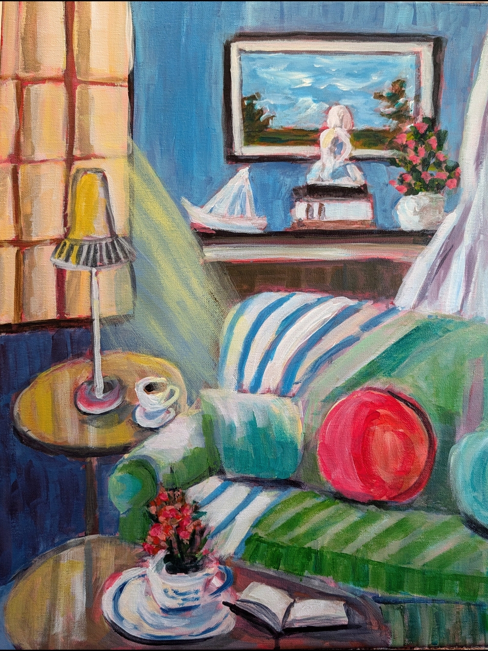 New Coastal Living Room Acrylic Painting, Blue Green & Red, Artist Signed Canvas